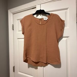 Olive & Oak Brown and Tan Boxy Cap Sleeve Blouse
